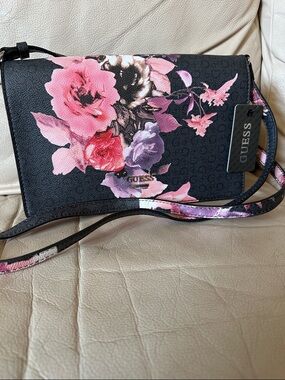 GUESS Black Floral Crossbody Bag with Pink and Purple Accents